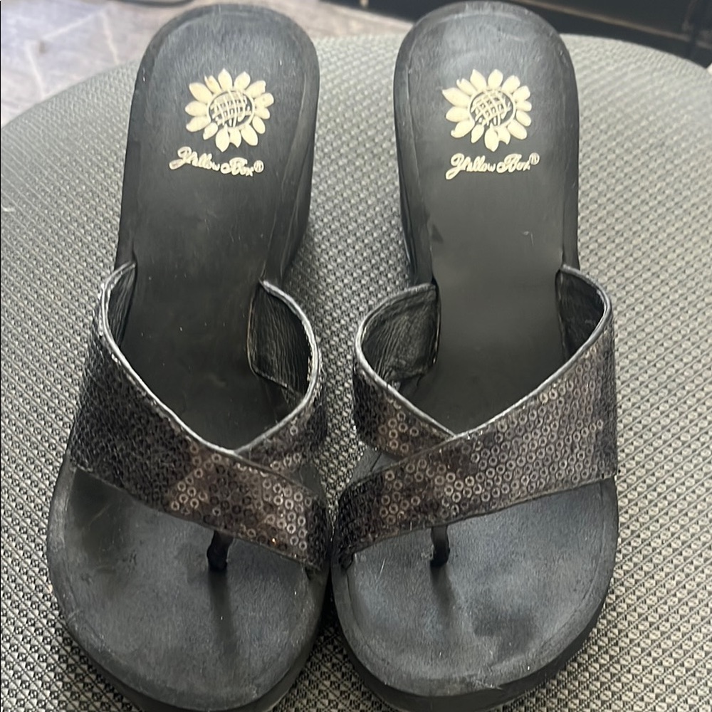 Yellow Box Black Sandals with Embellished Strap